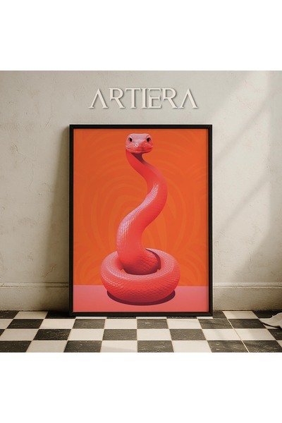 HİGUERA Ζωγραφική τοίχου με φυσικό ξύλινο πλαίσιο Japandi Art με ροζ φίδι πορ...