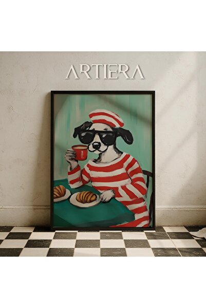 HİGUERA Fransız Stili Köpek ve Kruvasan Modern Mutfak Ahşap Çerçeveli Duvar Tablosu