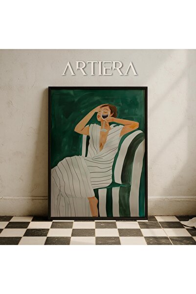 HİGUERA Μινιμαλιστικό αφηρημένο γυναικείο πορτρέτο σε λευκό ριγέ φόρεμα ζωγρα...