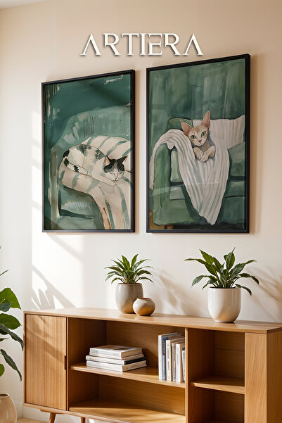 HİGUERA Πράσινο κάθισμα με γάτες που αναπαύονται Ελαιογραφία Αίσθηση Διπλό Ξύ...