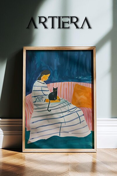 HİGUERA Μινιμαλιστικό αφηρημένο πορτρέτο γυναίκας και γάτας σε μπλε αποχρώσει...