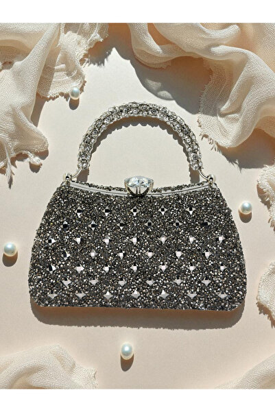 Biçanta Special Design Anthracite Gray Platinum Color Fully Stone-Encrusted Handle Women's Evening Dress Bag Wedding Engagement Prom