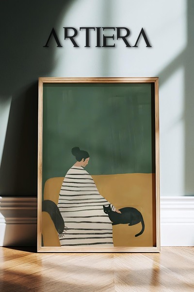 HİGUERA Portret abstract de femeie și pisică Pictură murală minimalistă moder...