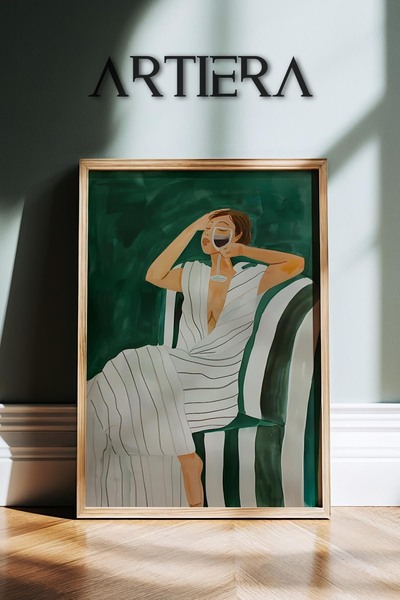 HİGUERA Μινιμαλιστικό αφηρημένο γυναικείο πορτρέτο σε λευκό ριγέ φόρεμα ζωγρα...