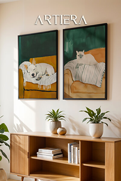 HİGUERA Pictură în ulei de câine și pisică adormită Feel Dual Wood Framed Wal...