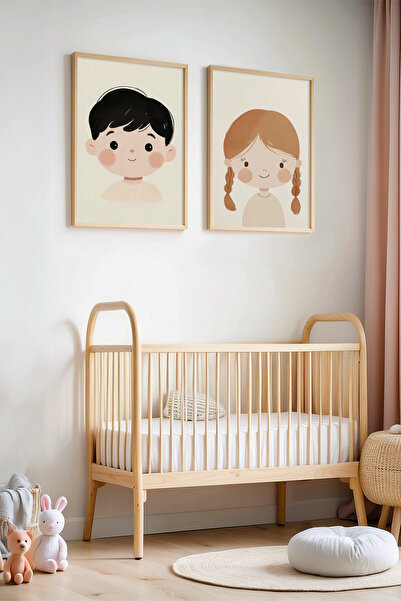 HİGUERA Şirin İkiz Çocuk Portresi - Doğal Ahşap Çerçeveli Çocuk Odası ve Bebe...