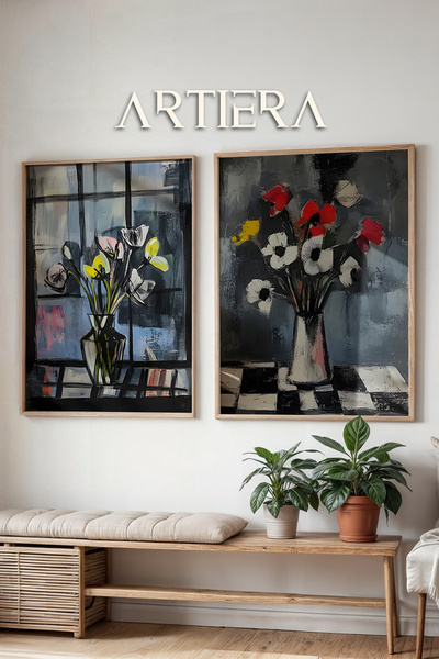 HİGUERA Μοντέρνα ελαιογραφία με άγαλμα λουλουδιών Feel Διπλό ξύλινο πλαίσιο ζ...