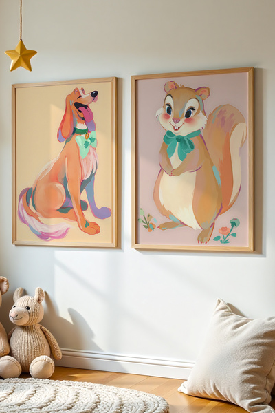 HİGUERA Σετ 2 χαριτωμένα σκυλιά και σκίουρα με λαδομπογιά Feel Παιδικό δωμάτι...