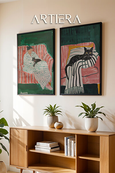 HİGUERA Black Cat Oil Painting Feel σε ροζ καναπέ Διπλό ξύλινο πλαίσιο ζωγραφ...