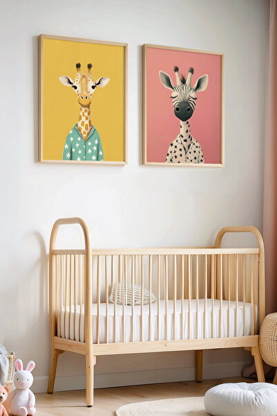 HİGUERA Sleepy Zebra and Giraffe with 2 Pajamas Baby Room and Children's Room Wooden Framed Painting