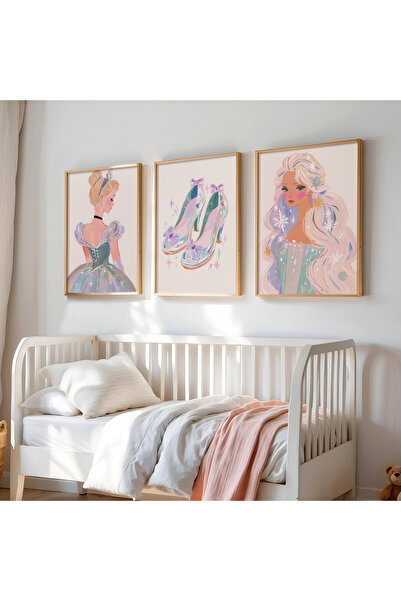 HİGUERA 3'Lü Prenses Temalı Yağlı Boya Hissi Kız Çocuk Odası Ahşap Çerçeveli ...