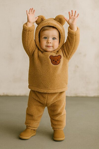 nevrankids Bebek Peluş Ayı Kulaklı Kapüşonlu 2'li Takım - Kışlık Polar