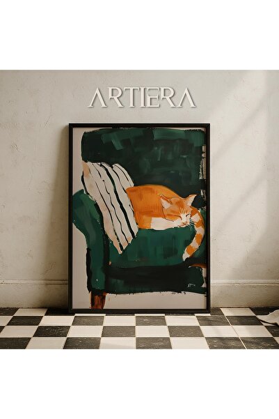 HİGUERA Salon verde smarald cu pisică portocalie, animal abstract, pictură mu...