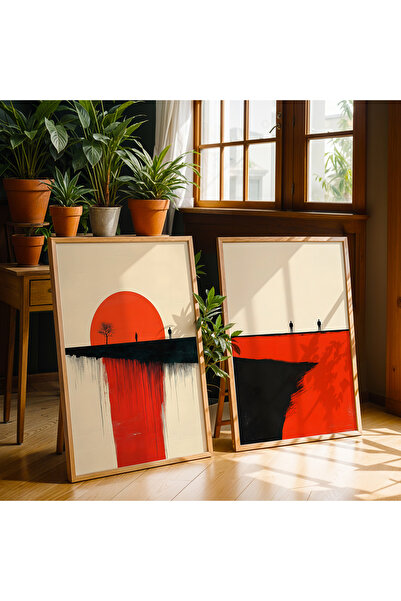 HİGUERA Αφηρημένο σχέδιο Κόκκινο αφηρημένο διπλό φυσικό ξύλινο πλαίσιο ζωγραφ...