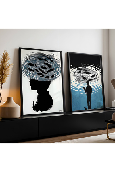 HİGUERA Ασπρόμαυρο Σετ ζωγραφικής τοίχου με διπλό φυσικό ξύλινο πλαίσιο