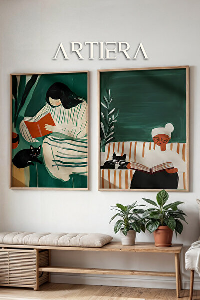 HİGUERA Βιβλίο και γάτα με θέμα την ελαιογραφία Feel Διπλό ξύλινο πλαίσιο ζωγ...