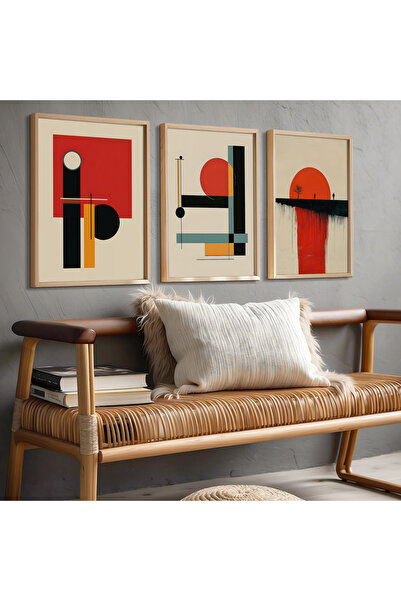 HİGUERA Γεωμετρικό Κόκκινο Αφηρημένο Τριπλό Φυσικό Ξύλινο Πλαίσιο Τοίχου