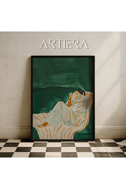 HİGUERA Αφηρημένο γυναικείο πορτρέτο που καθίστε στο πράσινο σαλόνι με πορτοκ...