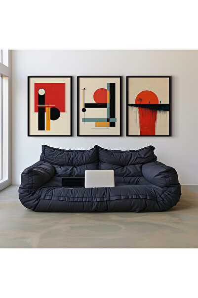 HİGUERA Γεωμετρικό Κόκκινο Αφηρημένο Τριπλό Φυσικό Ξύλινο Πλαίσιο Τοίχου