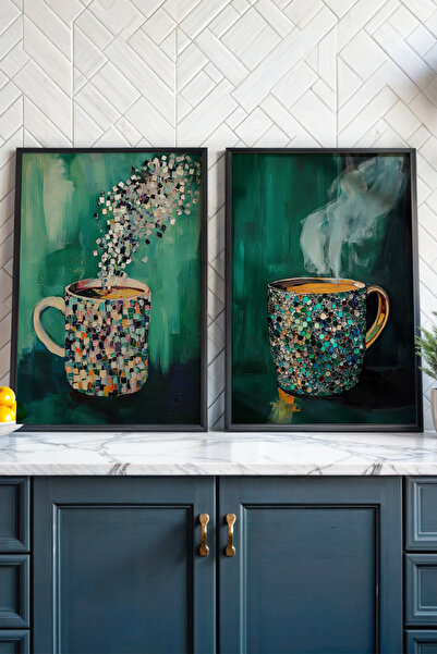 HİGUERA Φωτεινά φλιτζάνια σε πράσινο φόντο KTB Ζωγραφική τοίχου κουζίνας με φ...