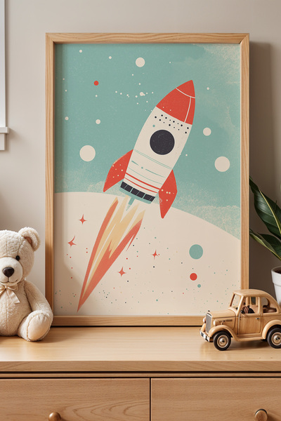 HİGUERA Παιδικό δωμάτιο Spacebound Rocket Πίνακας τοίχου με φυσικό ξύλινο πλα...