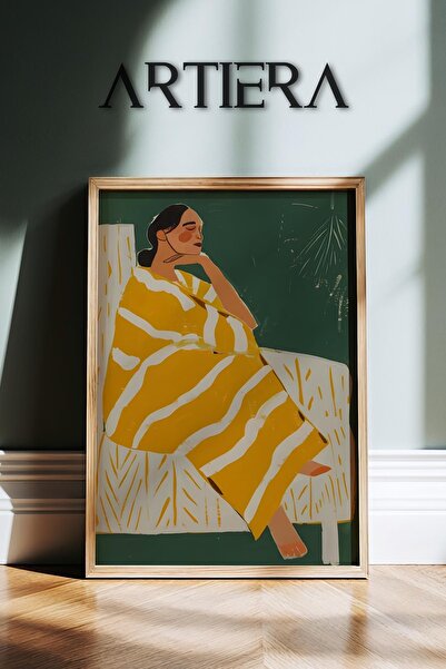 HİGUERA Αφηρημένη γυναίκα σε κίτρινο λευκό ριγέ φόρεμα Μοντέρνα ζωγραφική τοί...