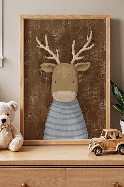 HİGUERA Blue Pajama Deer Παιδικό Δωμάτιο Πίνακας Τοίχου με Φυσικό Ξύλινο Πλαίσιο