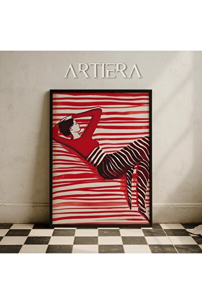 HİGUERA Κόκκινο ριγέ αφηρημένο γυναικείο πορτρέτο Σύγχρονη μινιμαλιστική τέχν...