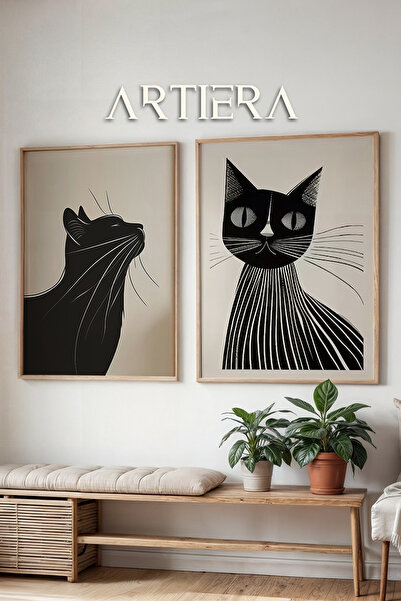 HİGUERA Vopsea în ulei de pisici negre minimaliste Feel Dual Wood Framed Wall...