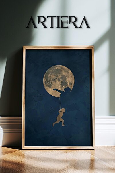 HİGUERA Blue Background Moon Child Vintage Japandi Art Πίνακας τοίχου με φυσι...