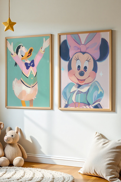 HİGUERA Σετ 2 τεμαχίων Ξύλινη ζωγραφική τοίχου με ελαιογραφίες Μίνι Μάους και...