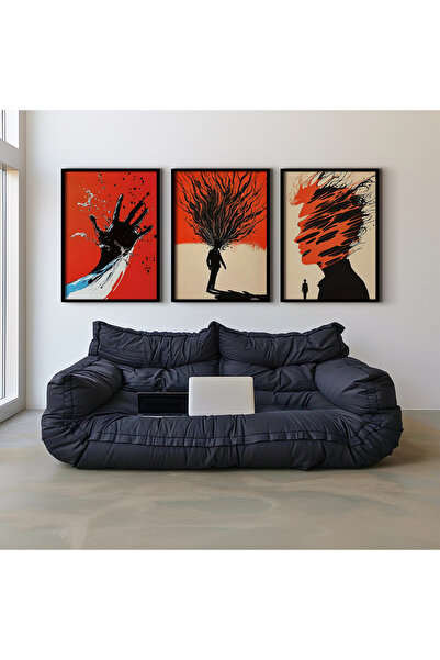 HİGUERA Αφηρημένο σχέδιο Κόκκινο αφηρημένο τριπλό φυσικό ξύλινο πλαίσιο ζωγρα...