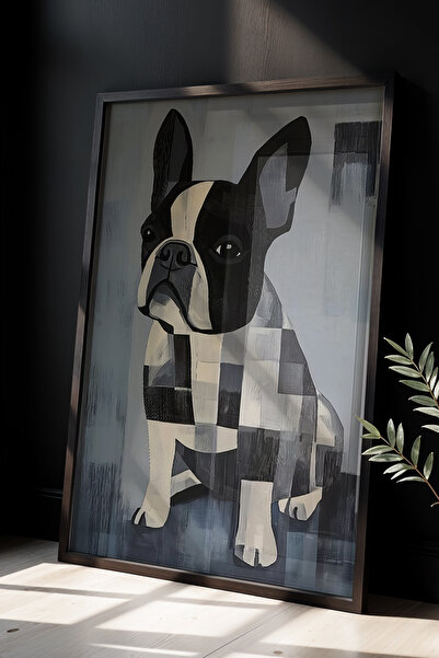 HİGUERA Μοντέρνο γεωμετρικό γαλλικό μπουλντόγκ ζωγραφική τοίχου με φυσικό ξύλ...