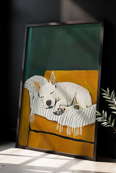 HİGUERA Λευκός σκύλος σε καναπέ μουστάρδας Πίνακας τοίχου με φυσικό ξύλινο πλ...