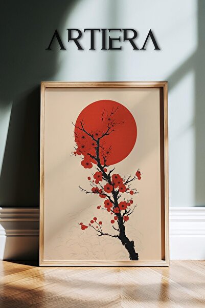 HİGUERA Μινιμαλιστικό Moon Cherry Blossom Vintage Japandi Art Ζωγραφική τοίχο...