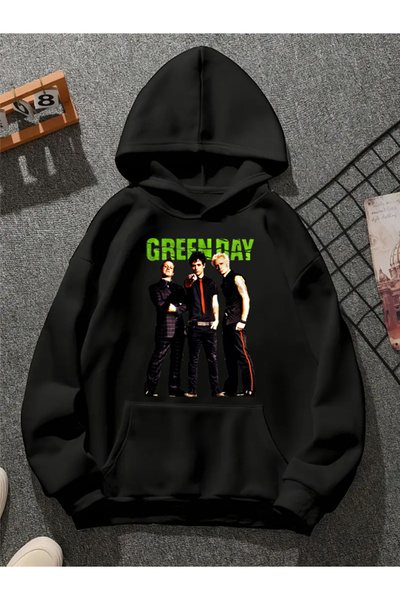 COMVİCHO Green Day V1 Printed Hooded Black Sweatshirt