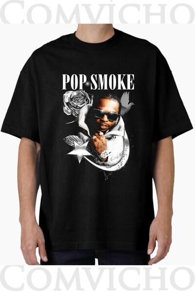 COMVİCHO تي شيرت مطبوع بتصميم Pop Smoke v6 للجنسين