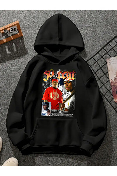 COMVİCHO 50 سنت v5 سويت شيرت أسود مطبوع عليه هوديي