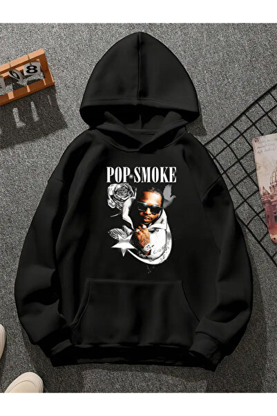 COMVİCHO سويت شيرت أسود بقلنسوة مطبوعة من pop smoke v6