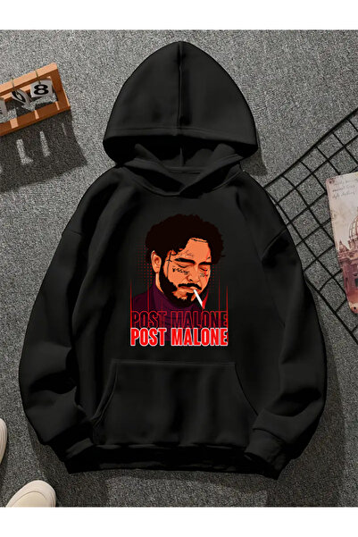 COMVİCHO Post Malone V1 Printed Hooded Black Sweatshirt