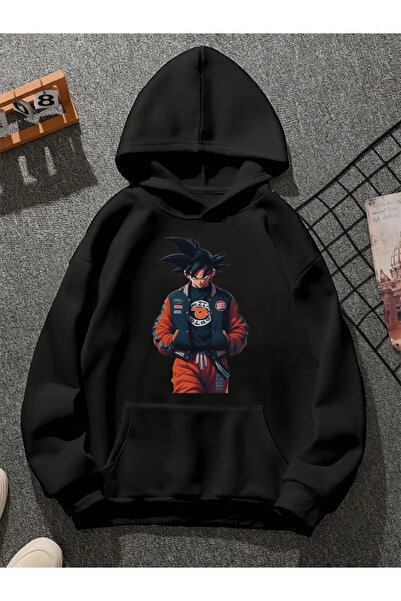 COMVİCHO goku0082 سويت شيرت أسود بقلنسوة مطبوعة