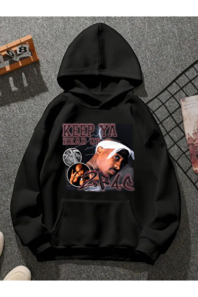 COMVİCHO Tupac V13 Printed Hooded Black Sweatshirt