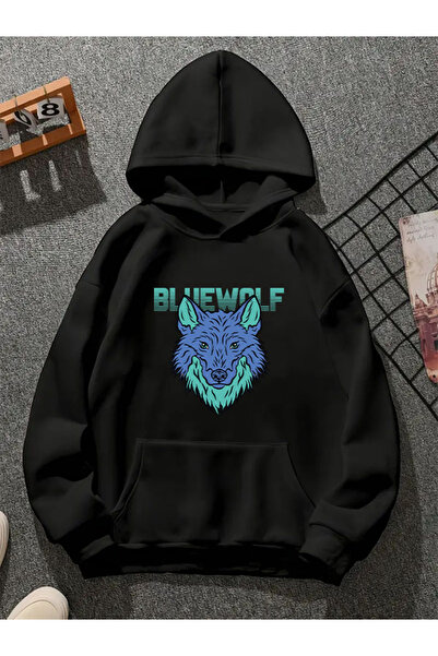 COMVİCHO Bluewolf15 Printed Hooded Black Sweatshirt