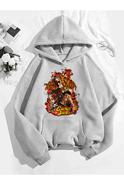 COMVİCHO سويت شيرت رمادي بقلنسوة مطبوعة من ترافيس سكوت v3