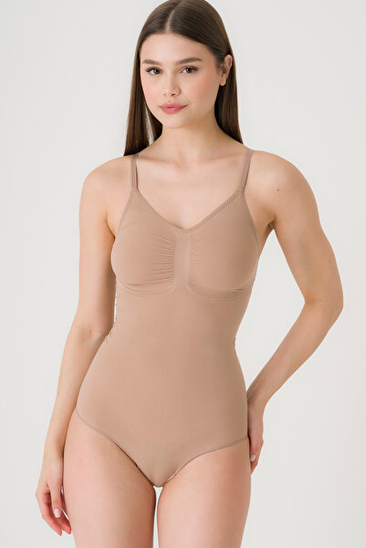 FANLEY Women's Waist Slimming Beige Seamless Corset – Comfortable, Strapless, Snap Fastener, Body Shaping Bodysuit