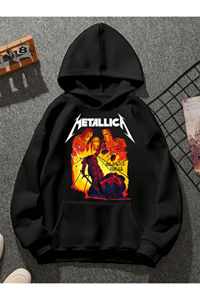 COMVİCHO سويت شيرت أسود بقلنسوة مطبوعة من ميتاليكا v4