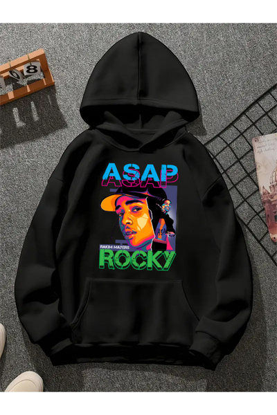 COMVİCHO Asap Rocky V1 Printed Hooded Black Sweatshirt