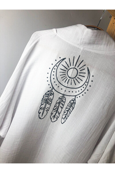 Kidilia Düş Kapanı Etnik Desenli Beyaz Müslin Kimono