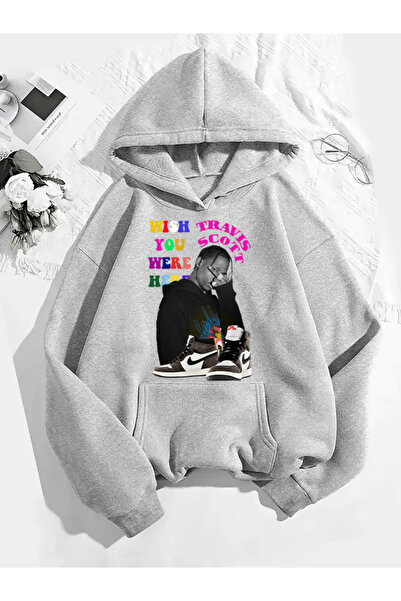 COMVİCHO سويت شيرت رمادي بقلنسوة مطبوعة من ترافيس سكوت v21