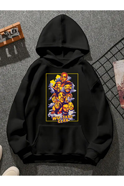 COMVİCHO سويت شيرت أسود بقلنسوة مطبوع عليه wu tang clan